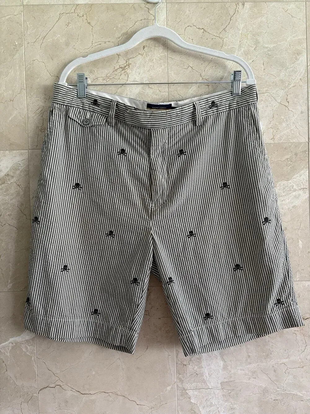 Ralph Lauren Rugby Y2K Skull‑Embroidered Grey Seersucker Shorts 9” — Men’s Sz 34